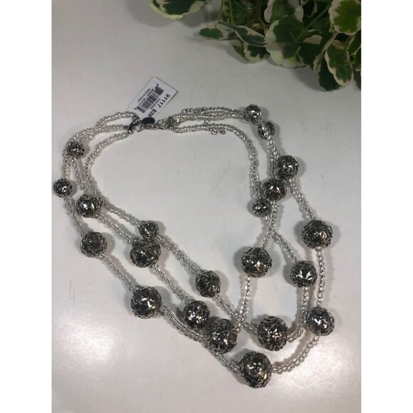 Cookie Lee Multi Strand Necklace Silver Tone Filigree Balls Clear Glass Beads - Picture 5 of 6